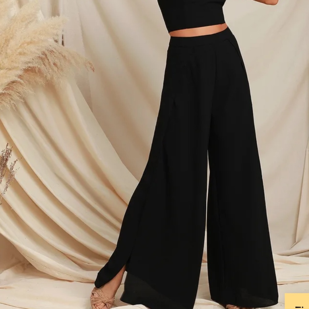 Lulu’s black high waisted wide leg pants with slit